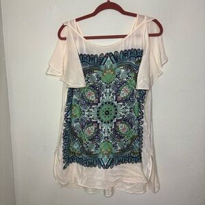 Maeve (Anthropologie) Silk Cream and Blue Patterned Women's Blouse Large